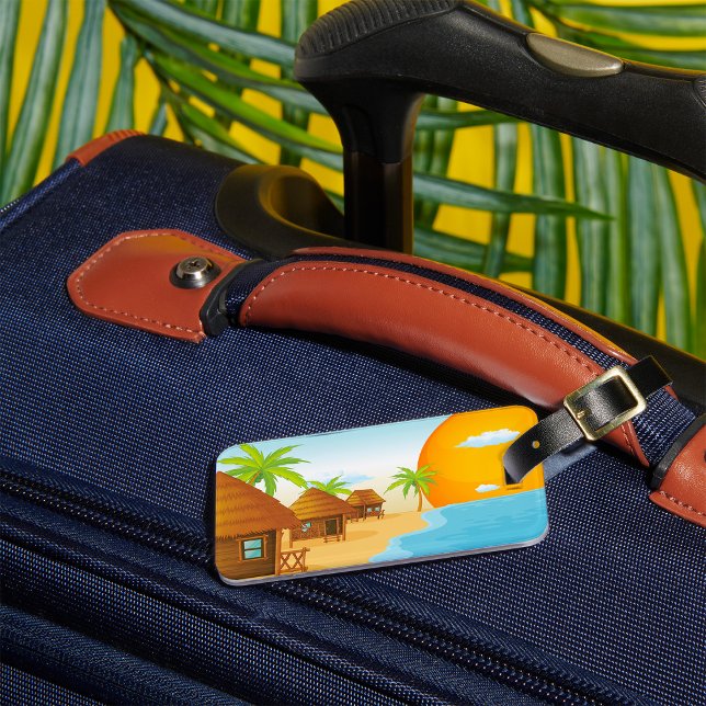Etiqueta De Bagagem Sunset de praia tropical com Thatch Huts (Criador carregado)