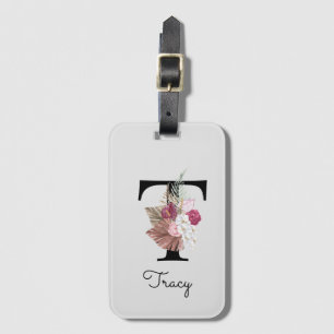 Etiqueta De Bagagem T Inicial Floral Boho Rosa Monogramada