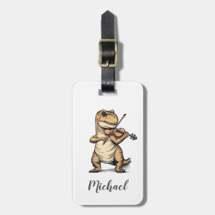 Etiqueta De Bagagem T-Rex Dinossauro Engraçado Tocando Violino Preto B