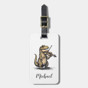 Etiqueta De Bagagem T-Rex Dinossauro Engraçado Tocando Violino Preto B