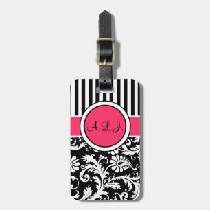 Etiqueta De Bagagem Tag listrado preto, branco, cor-de-rosa da bagagem