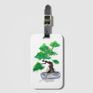 Etiqueta De Bagagem Tag verde da bagagem da aguarela dos bonsais