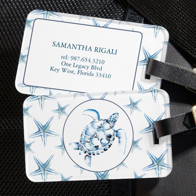 Etiqueta De Bagagem Tartaruga-do-mar azul e peixe-espada (Sea turtle and starfish luggage tags feature unique watercolor art by Victoria Grigaliunas)
