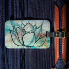 Etiqueta De Bagagem Teal Blue Watercolor Flor Elegante Artsy Lotus