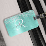 Etiqueta De Bagagem Teal Brugado Metal Silver Glitter Nome Monograma<br><div class="desc">Personalize facilmente este design de etiqueta de mala-chic,  que apresenta brilho prateado bonito num fundo metálico escovado teal.</div>