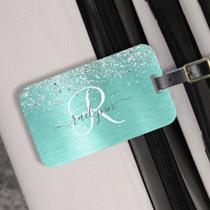 Etiqueta De Bagagem Teal Brugado Metal Silver Glitter Nome Monograma