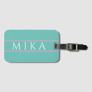 Etiqueta De Bagagem Teal da Moda com Linhas Rosa Claro, Nome DIY