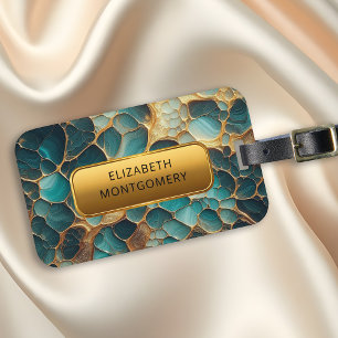 Etiqueta De Bagagem Teal e Luxurioso Dourado com Nameplate Elegante