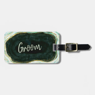 Etiqueta De Bagagem Teal Green & Dourado Agate Marble Groom Viagem
