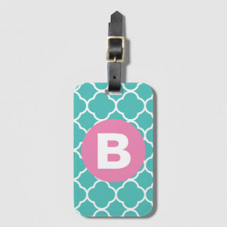 Etiqueta De Bagagem Teal Quatrefoil Pattern Custom Pink Monogram