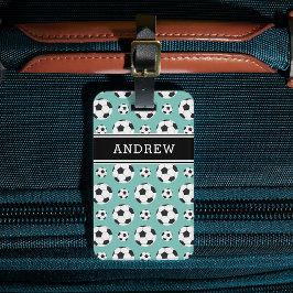 Etiqueta De Bagagem Teal Soccer Balls Padrão Criança Menino Nome do Jo