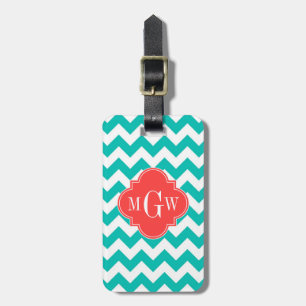 Etiqueta De Bagagem Teal White Chevron Coral Quatrefoil 3 Monograma