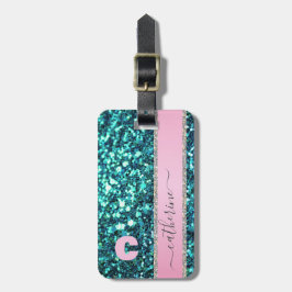 Etiqueta De Bagagem Tendy Teal Strip Glitter Monogramas