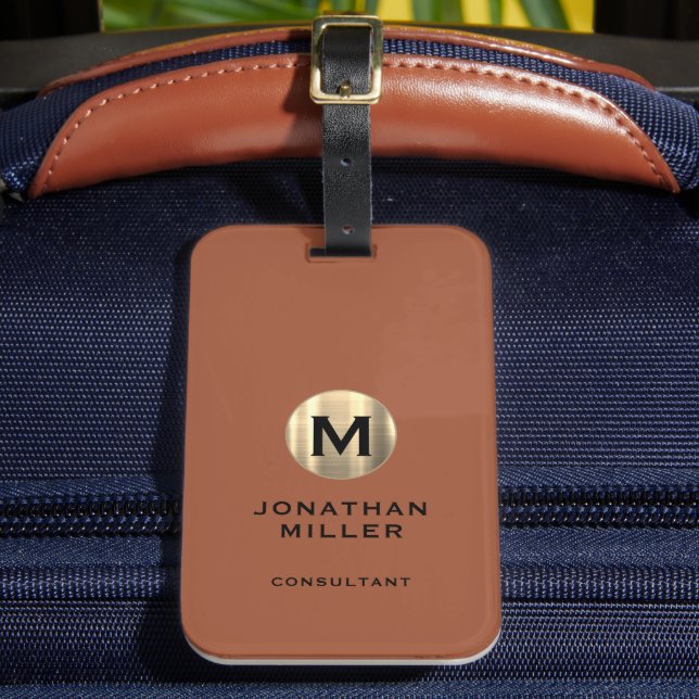 Etiqueta De Bagagem Terracotta Bruche Dourado Monograma (Frente Insitu 2)