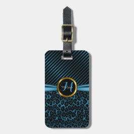 Etiqueta De Bagagem Teste padrão animal do leopardo azul - monograma