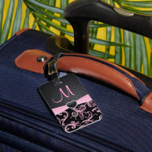 Etiqueta De Bagagem Teste padrão floral preto e cor-de-rosa elegante