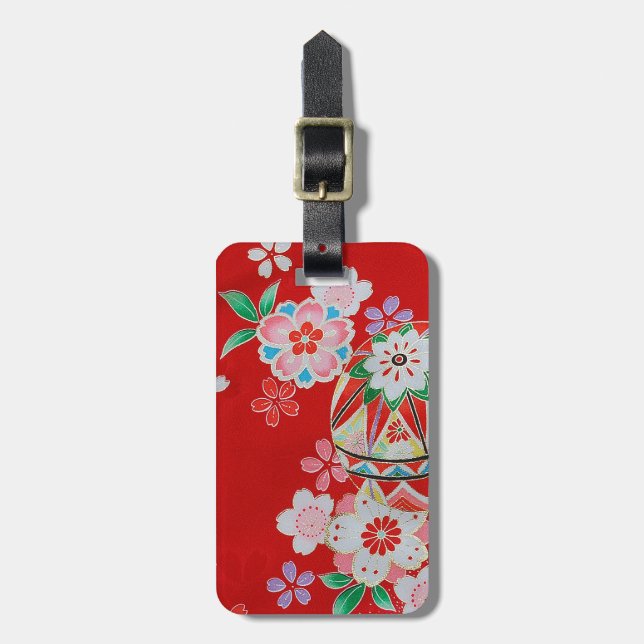 Etiqueta De Bagagem Têxtil KIMONO Japonês, Padrão Floral (Frente Vertical)