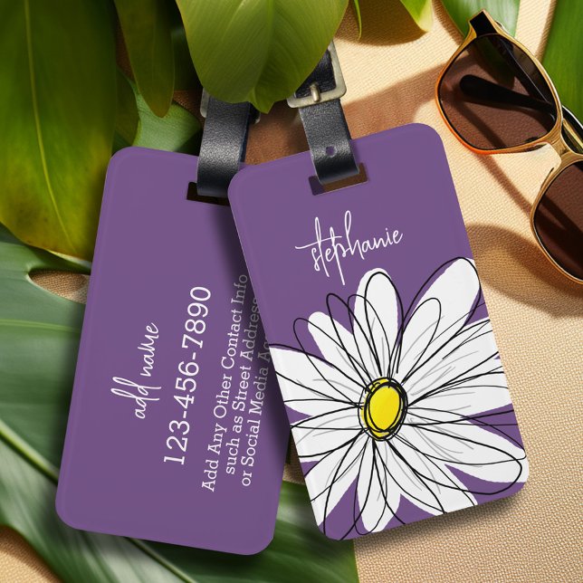 Etiqueta De Bagagem Texto Personalizado da Margarida Esbranquiçada e A (Whimsical Daisy personalized luggage tag)