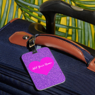 Etiqueta De Bagagem Texto Personalizado de Coração Cor-de-Rosa Brilhan