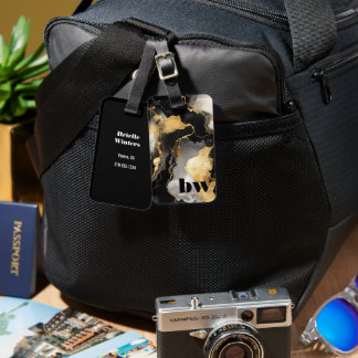Etiqueta De Bagagem Texto Personalizado de Marble Preto e Dourado
