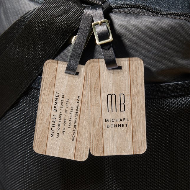 Etiqueta De Bagagem Textura de Madeira Falsa Monogramada (Monogrammed Faux Wood Texture Luggage Tag)