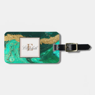 Etiqueta De Bagagem Textura Dourada de pedra verde da Tendência, Monog