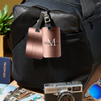 Etiqueta De Bagagem Textura Metálica Dourada de Rosa com volume monogr