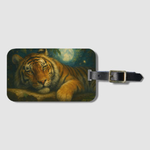 Etiqueta De Bagagem Tigre de Aquarela Descansado na Floresta Noturna