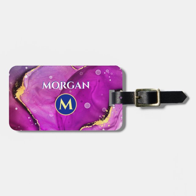 Etiqueta De Bagagem Tinta líquida violeta vermelha e Dourada, monogram (Frente Horizontal)