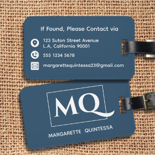 Etiqueta De Bagagem Tipografia Branca de Monograma Azul Escuro Simples