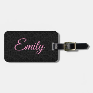 Etiqueta De Bagagem Tipografia rosa do padrão Damasco preto