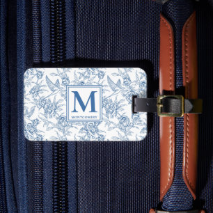 Etiqueta De Bagagem Toile de Jouy Monograma Azul Francês Nome