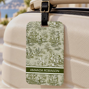 Etiqueta De Bagagem Toile de Jouy Verde Oliva Vintage País Francês