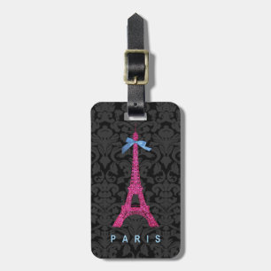 Etiqueta De Bagagem Torre Eiffel do rosa quente no brilho do falso