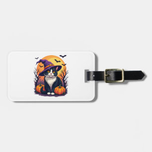 Etiqueta De Bagagem Traje de Halloween de Gato Preto Retro com Abóbora