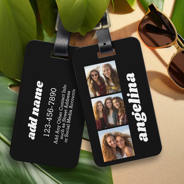 Etiqueta De Bagagem Trendy 3 Fotos e Nome Chunky - Preto (Personalized Luggage and Bag Tag)