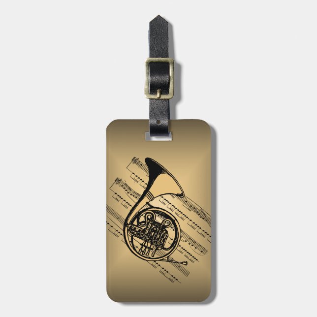 Etiqueta De Bagagem Trompa francesa com fundo da partitura (Frente Vertical)