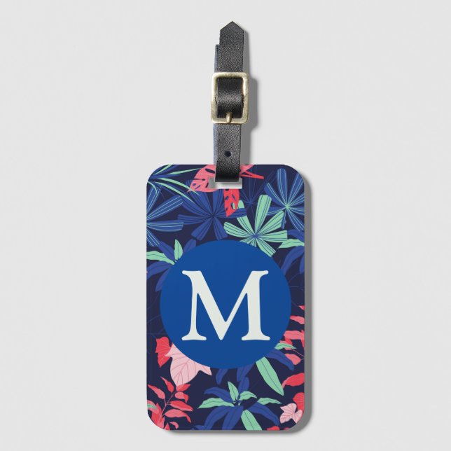 Etiqueta De Bagagem Tropical Botanical Dark Blue Monogram (Frente Vertical)
