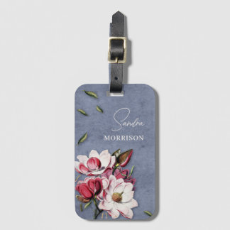 Etiqueta De Bagagem Tropical Flowers Dusty Blue Monogram Name