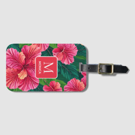 Etiqueta De Bagagem Tropical Hawaii Hibiscus Palm Deixa Monograma Verm