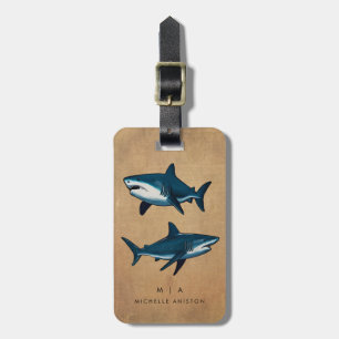Etiqueta De Bagagem Tubarão Azul Vintage   Monograma personalizado