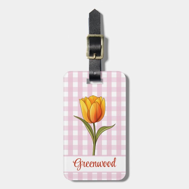 Etiqueta De Bagagem Tulipa Laranja, Gingham Rosa, Personalizado (Frente Vertical)