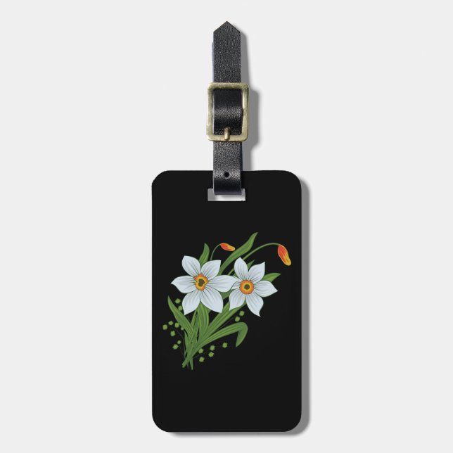 Etiqueta De Bagagem Tulipas e Narcisos Flores Fundo Preto (Frente Vertical)