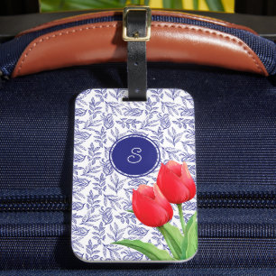 Etiqueta De Bagagem Tulipas Vermelhas Elegantes Monograma Azul Floral