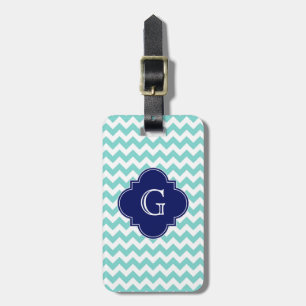 Etiqueta De Bagagem Turq/monograma branco de Quatrefoil do marinho