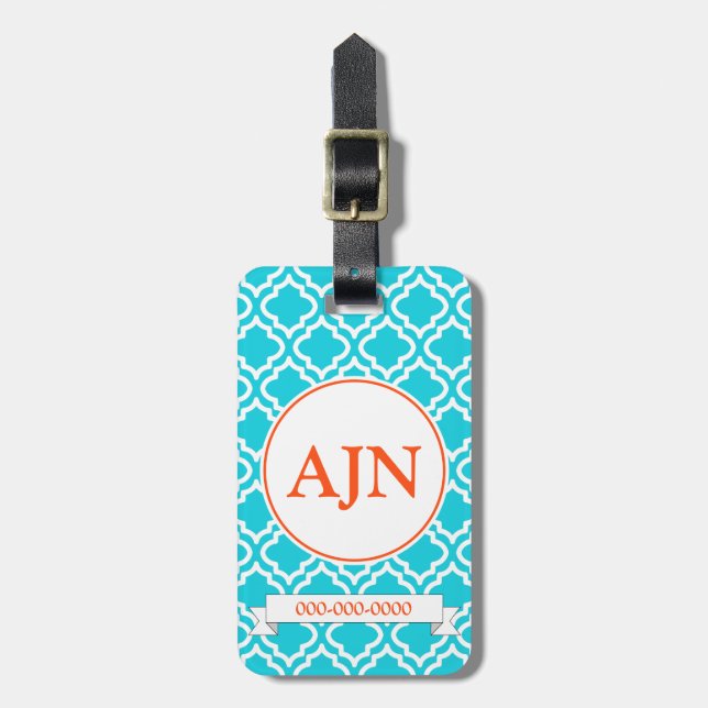 Etiqueta De Bagagem Turquesa Laranja Monograma Bagagem (Frente Vertical)