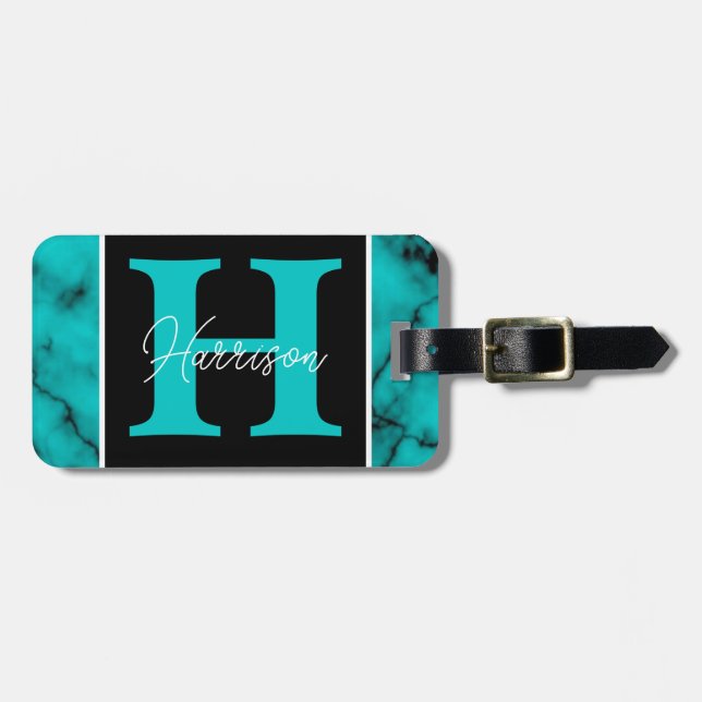 Etiqueta De Bagagem Turquesa Marble Nome sofisticado do monograma (Frente Horizontal)