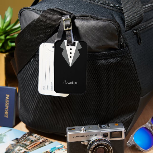 Etiqueta De Bagagem Tuxedo Formal Branco Preto Personalizado (Frente e Verso)