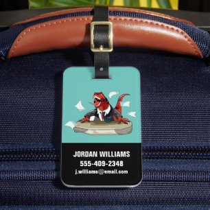 Etiqueta De Bagagem Tyrannosaurus Rex Boss Sentado Em Uma Mesa.