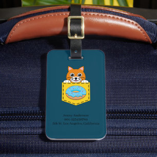Etiqueta De Bagagem Um Gato Espiando e um Donut Azul Personalize